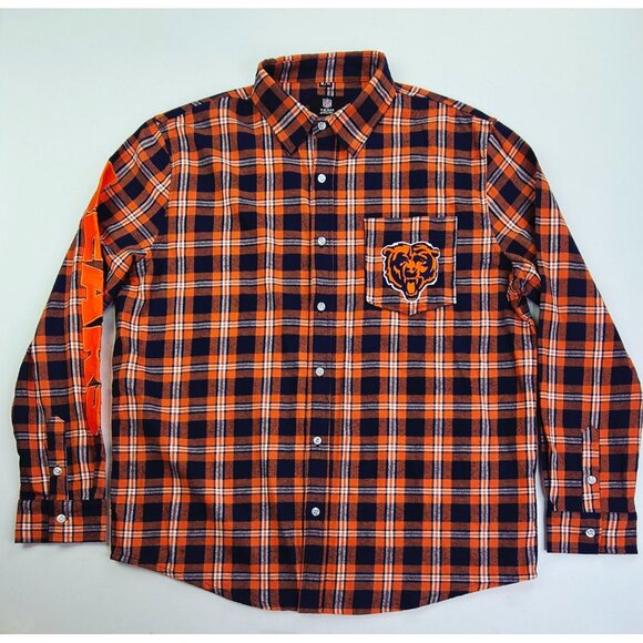 NFL Team Apparel XL Mens Chicago Bears Orange Black White Plaid Flannel Shirt - Picture 1 of 12